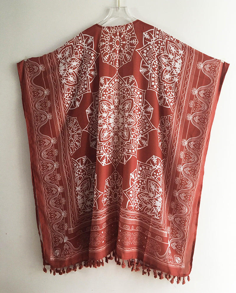 Boho Kimono Rust with Poms