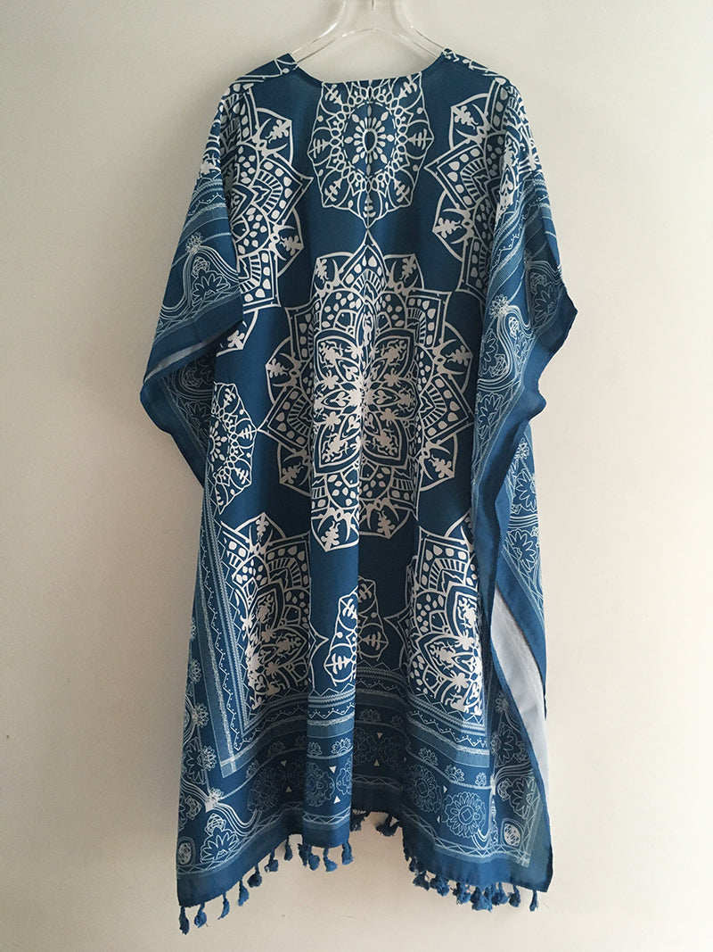 Boho Kimono Blue with Poms
