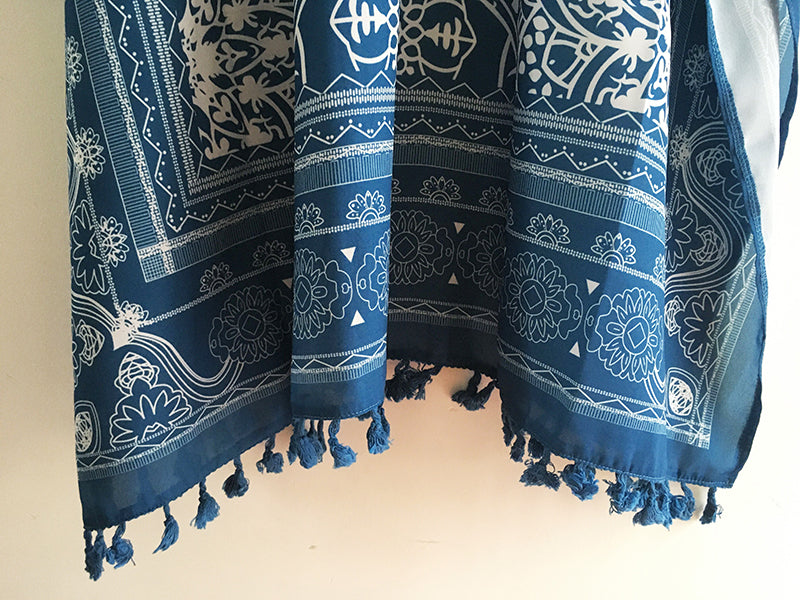 Boho Kimono Blue with Poms