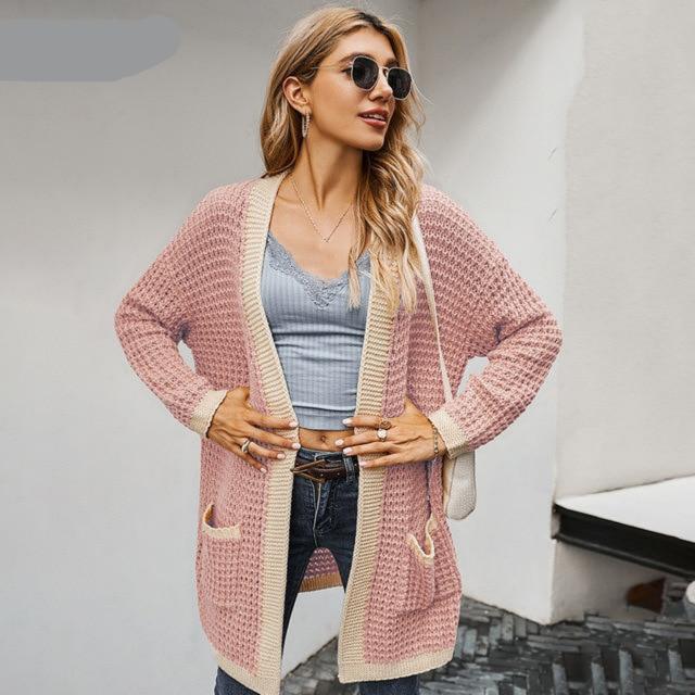 Contrast Piping Waffle Knit Cardigan Sweater