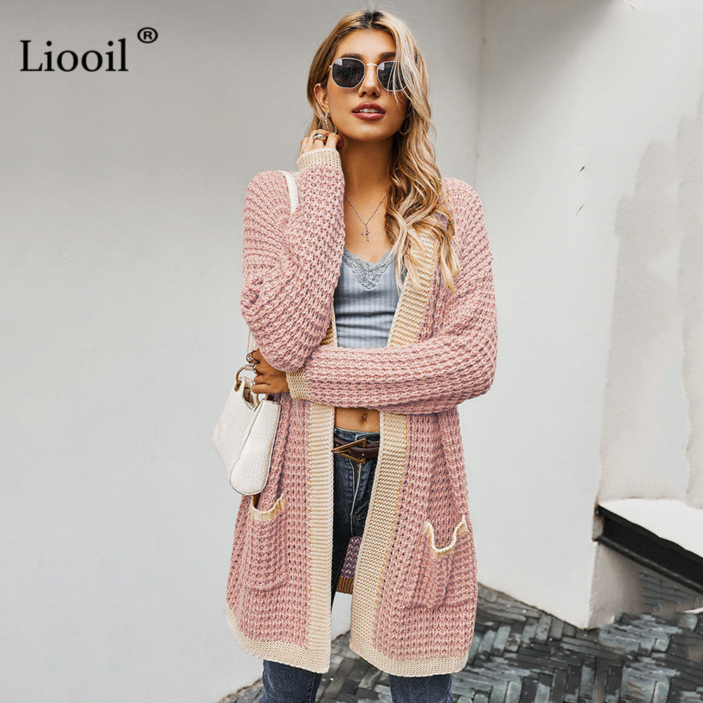 Contrast Piping Waffle Knit Cardigan Sweater