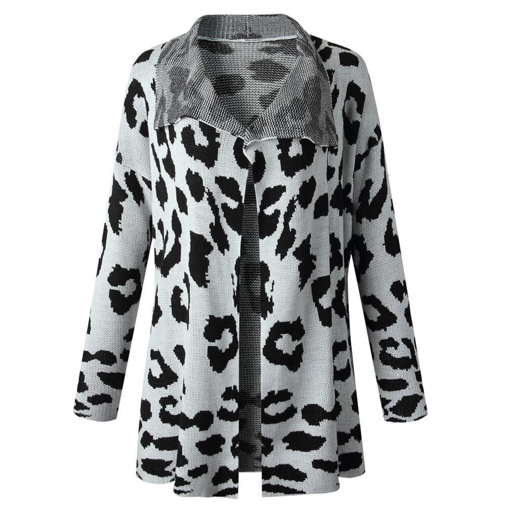 White Knit Leopard Print Cardigan With Pockets