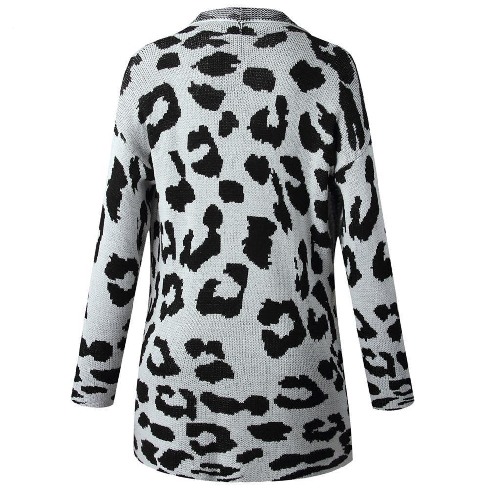 White Knit Leopard Print Cardigan With Pockets